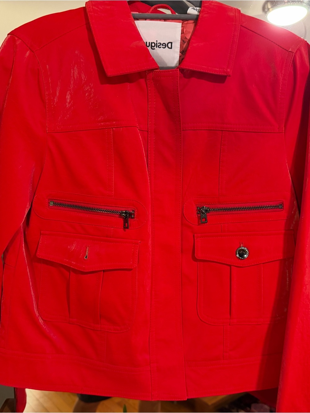 Desigual Bright Red shiny effect Leather Jacket with Front Zips NWOT